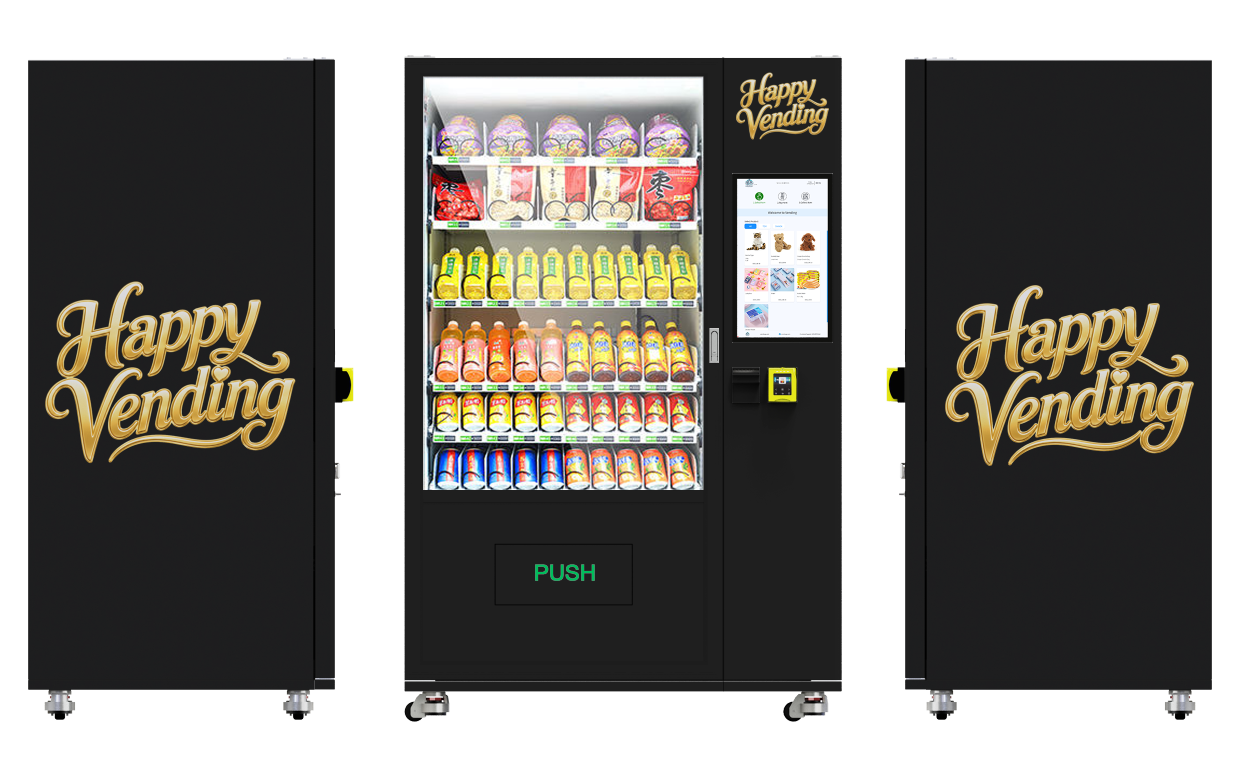 Three views of a black Happy Vending machine with gold Happy Vending logos